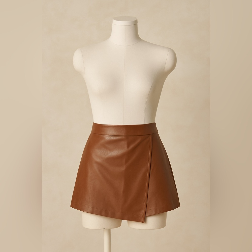IRIS Women’s Faux Leather Brown Mini Skort Vegan Leather Shorts Size XL